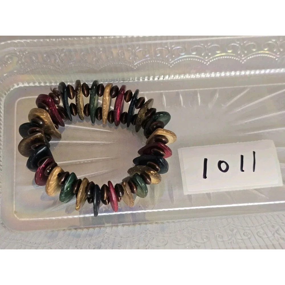 Vintage Stretch Bracelet Multicolor Shell Wood Beaded Boho Tropical Shell Tribal